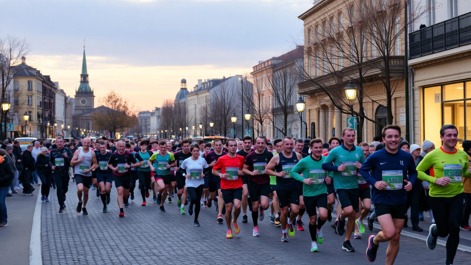 Peloton de coureurs amateurs sur une course urbaine en soirée