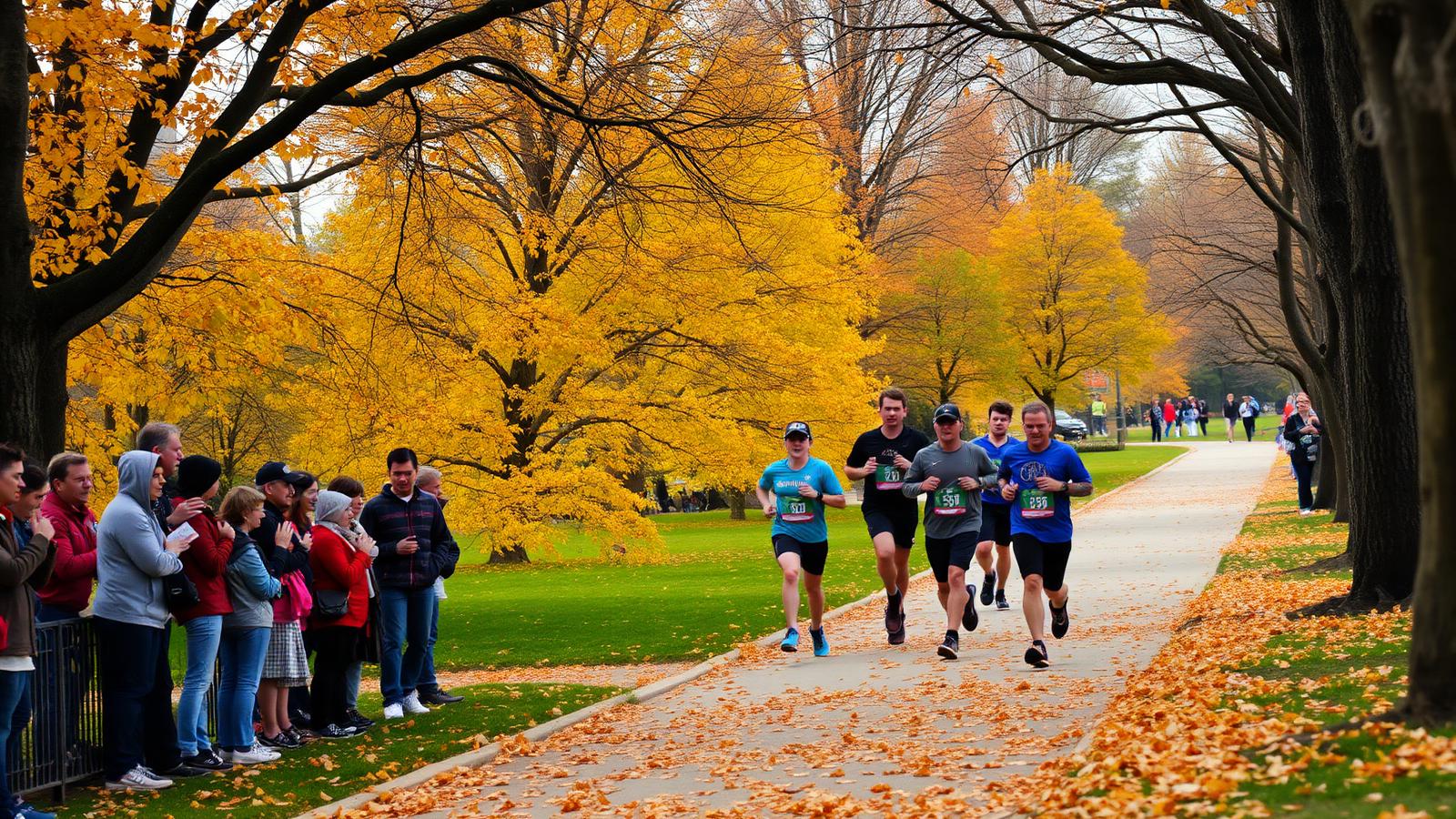 Coureurs sur un marathon d'automne dans un parc aux feuilles dorées