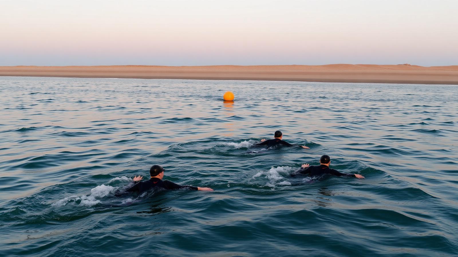 Nageurs en combinaison dans l'océan lors d'une épreuve de triathlon en bord de côte