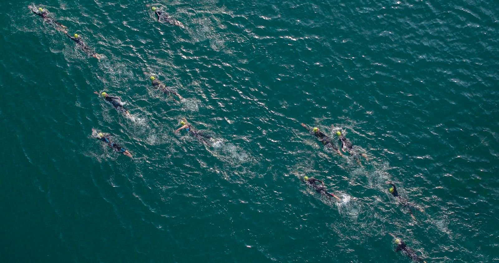 Groupe de nageurs en combinaison lors d'un départ en eau libre